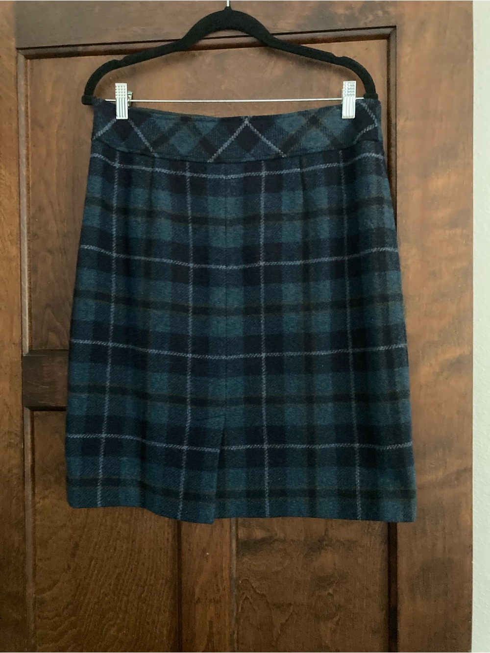 Classic Plaid Wool-Blend Skirt in Teal and Navy - Picture 2 of 7